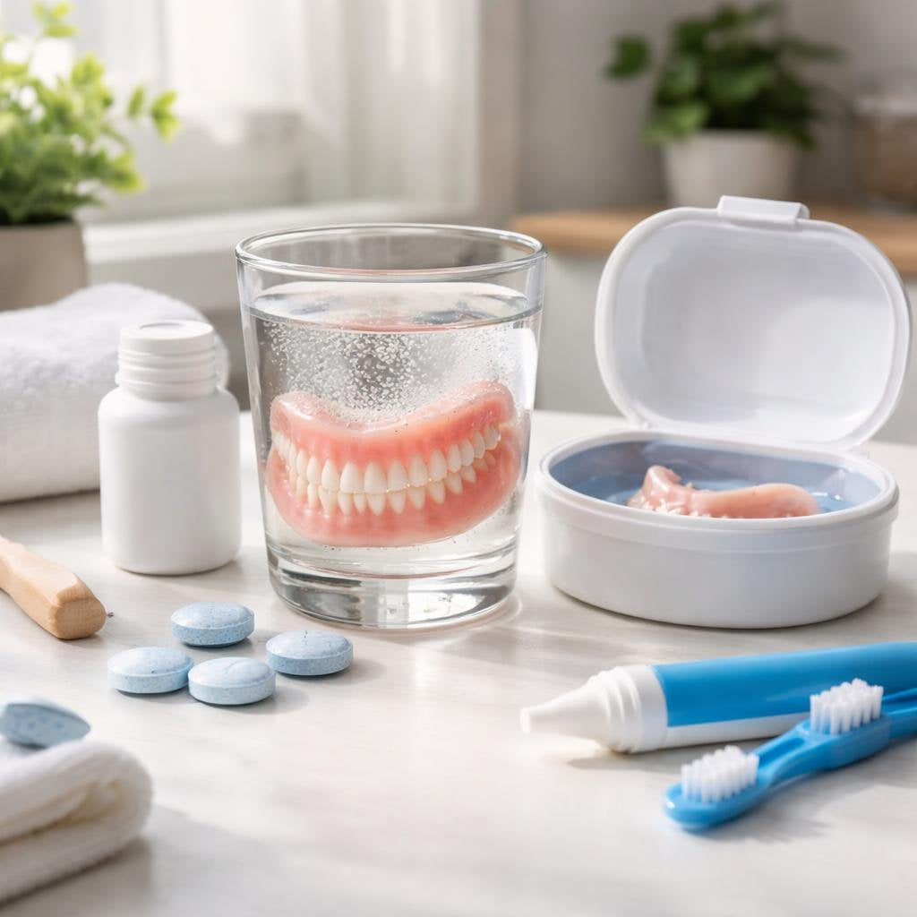Denture cleansing tablets with brush and storage case