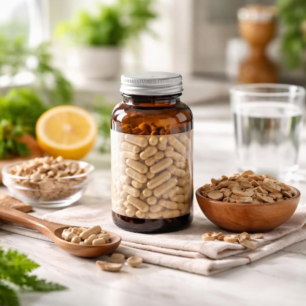 Dong Quai capsules with botanical supplement bottles on shelf
