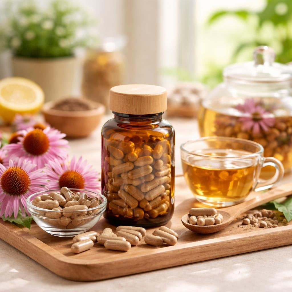 Echinacea herbal supplement capsules and bottles on display