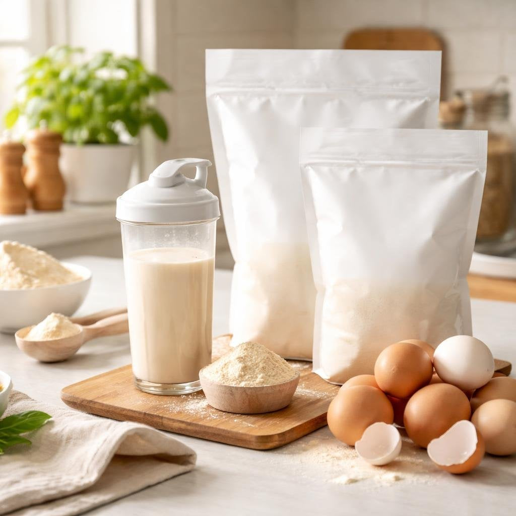 Egg protein powder tub for whey-free fitness shakes