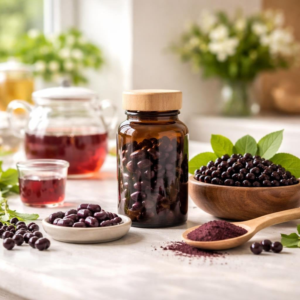 Elderberry herbal capsules and liquid supplement selection