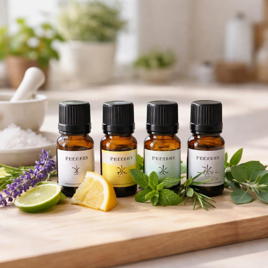 Amber bottles of essential oil singles arranged together