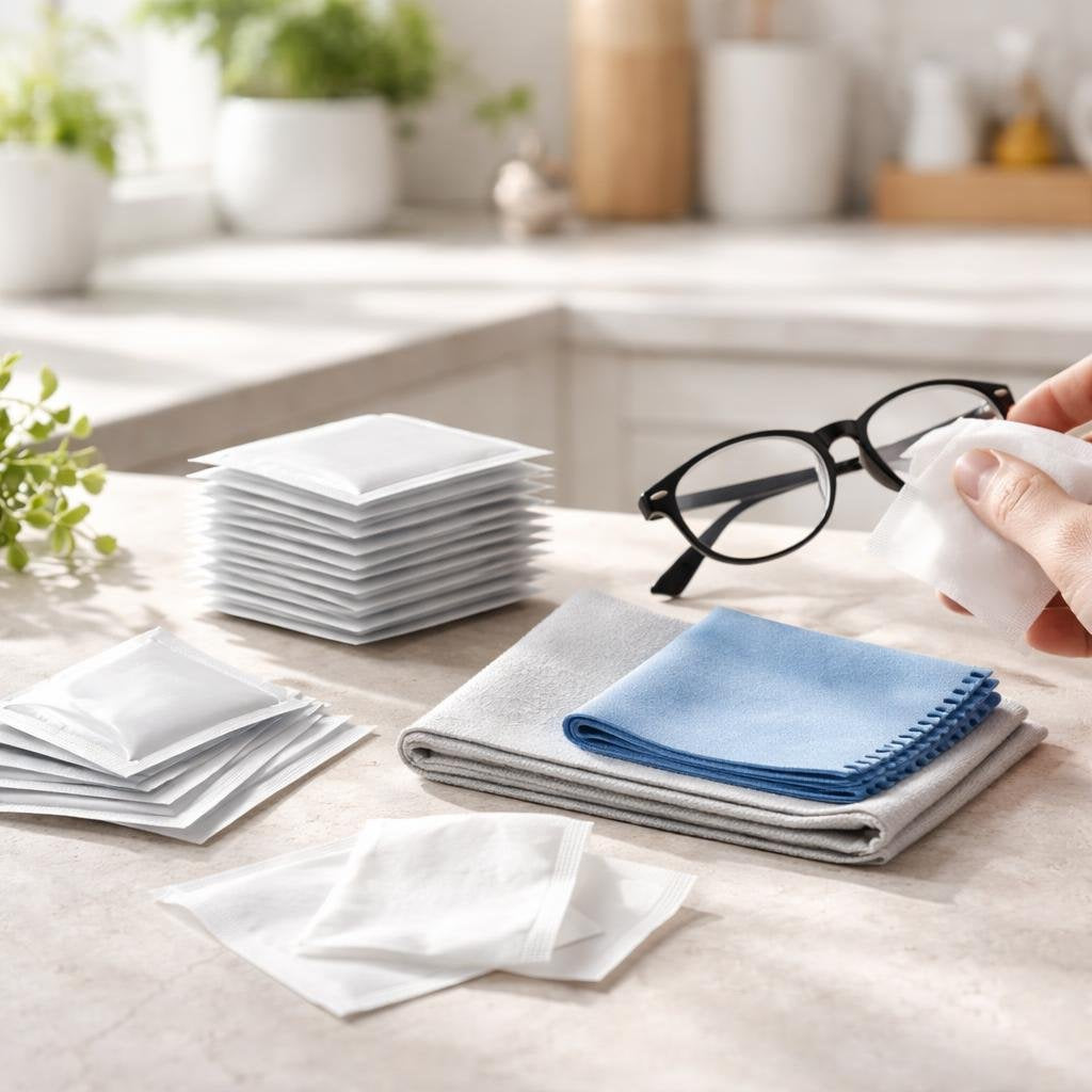 Lens wipes and microfibre cloths for streak-free glasses