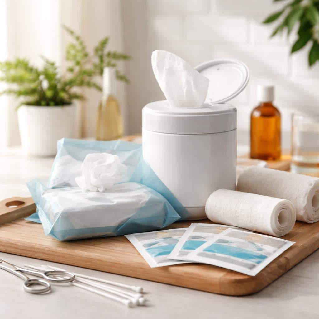Individually wrapped first aid cleansing wipes and swabs