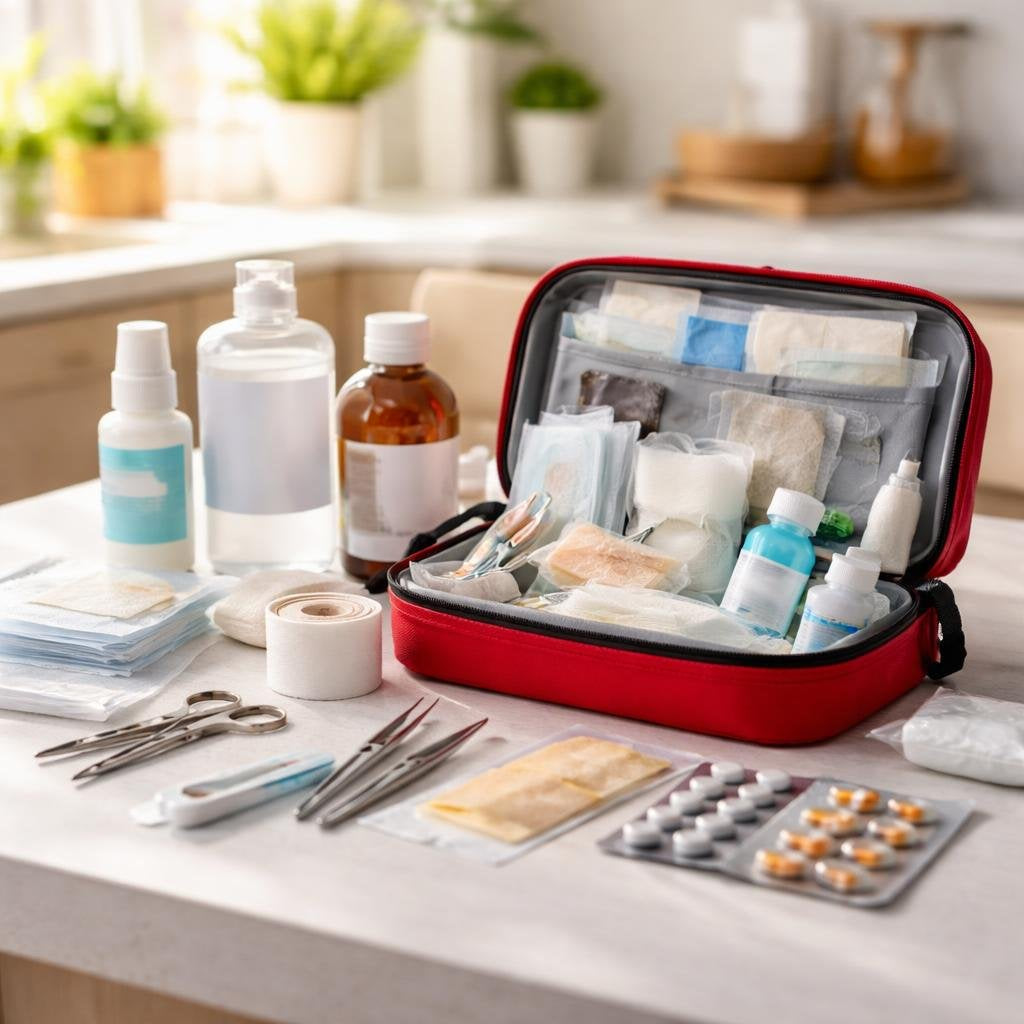 Assorted first aid supplies including plasters, bandages and tape