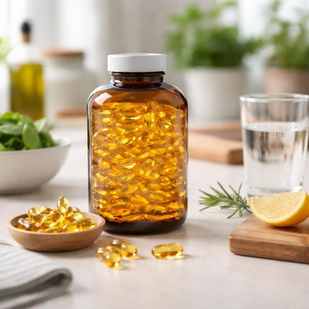 Omega-3 fish oil softgels showing EPA and DHA
