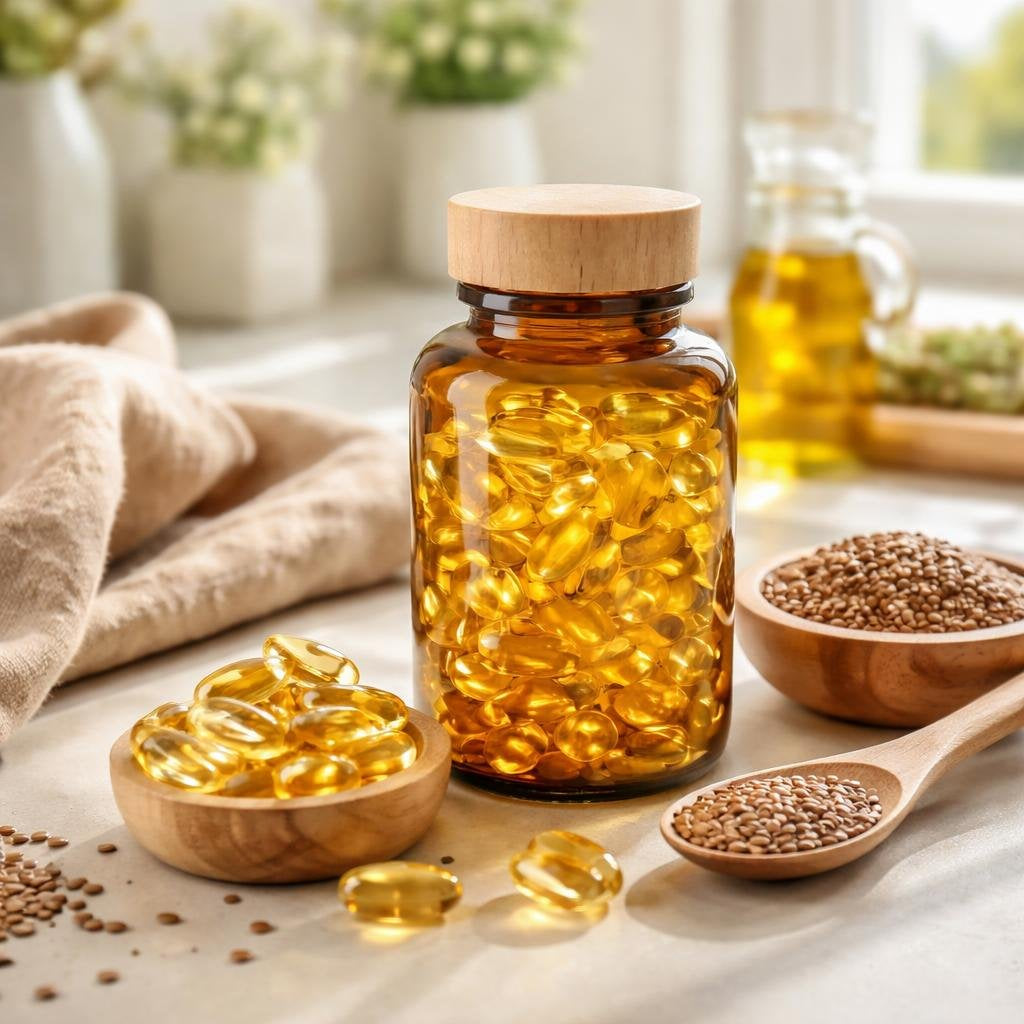 Flax seed oil softgel capsules for plant-based omega-3