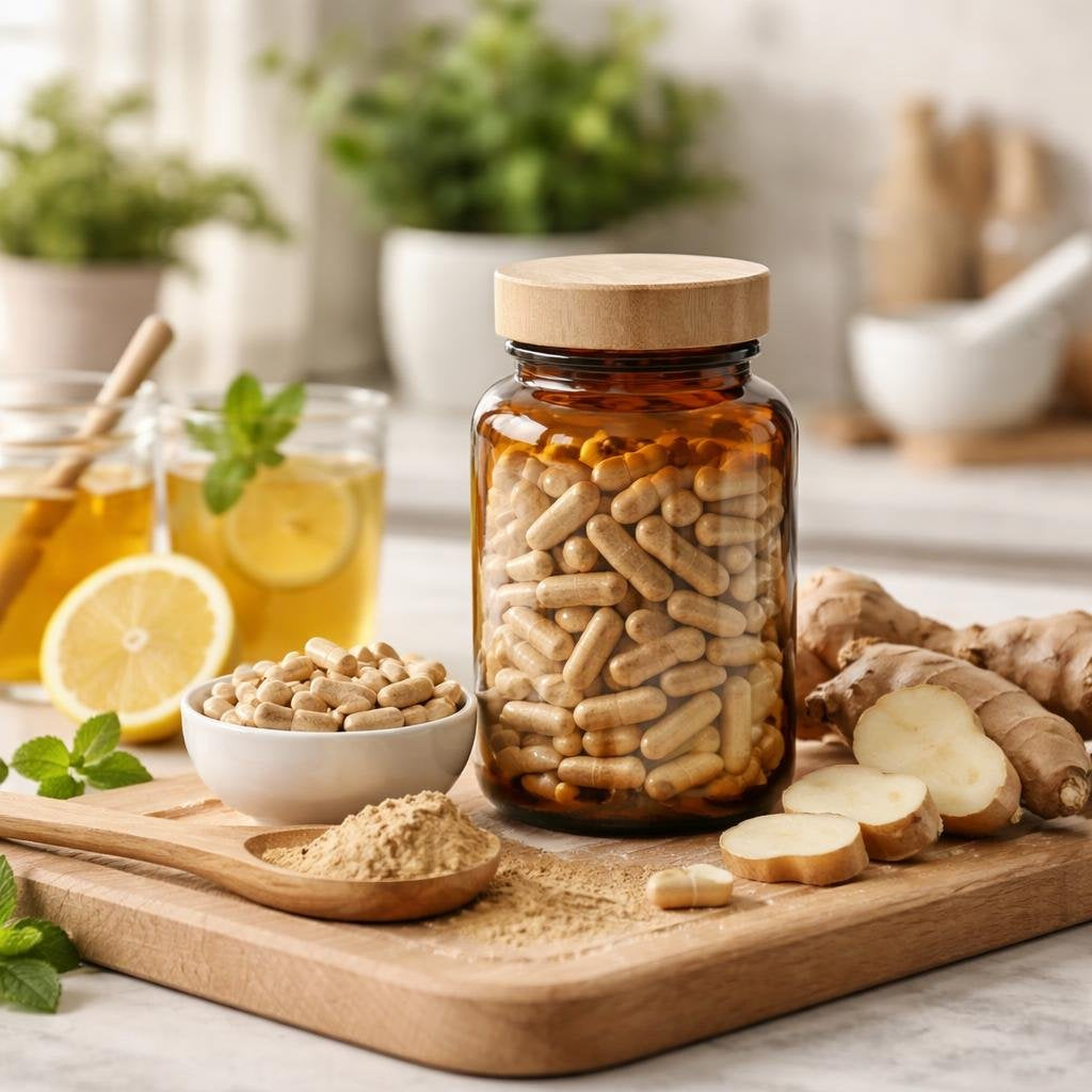 Selection of ginger herbal supplements in capsules and powders