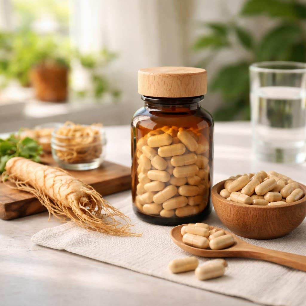 Ginseng supplement capsules beside sliced ginseng root
