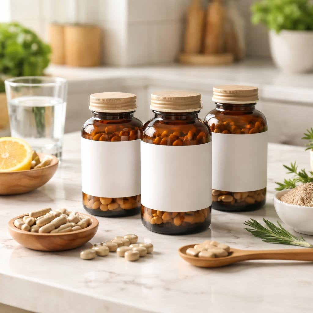 Glandular extract capsules and bottles for daily nutrition