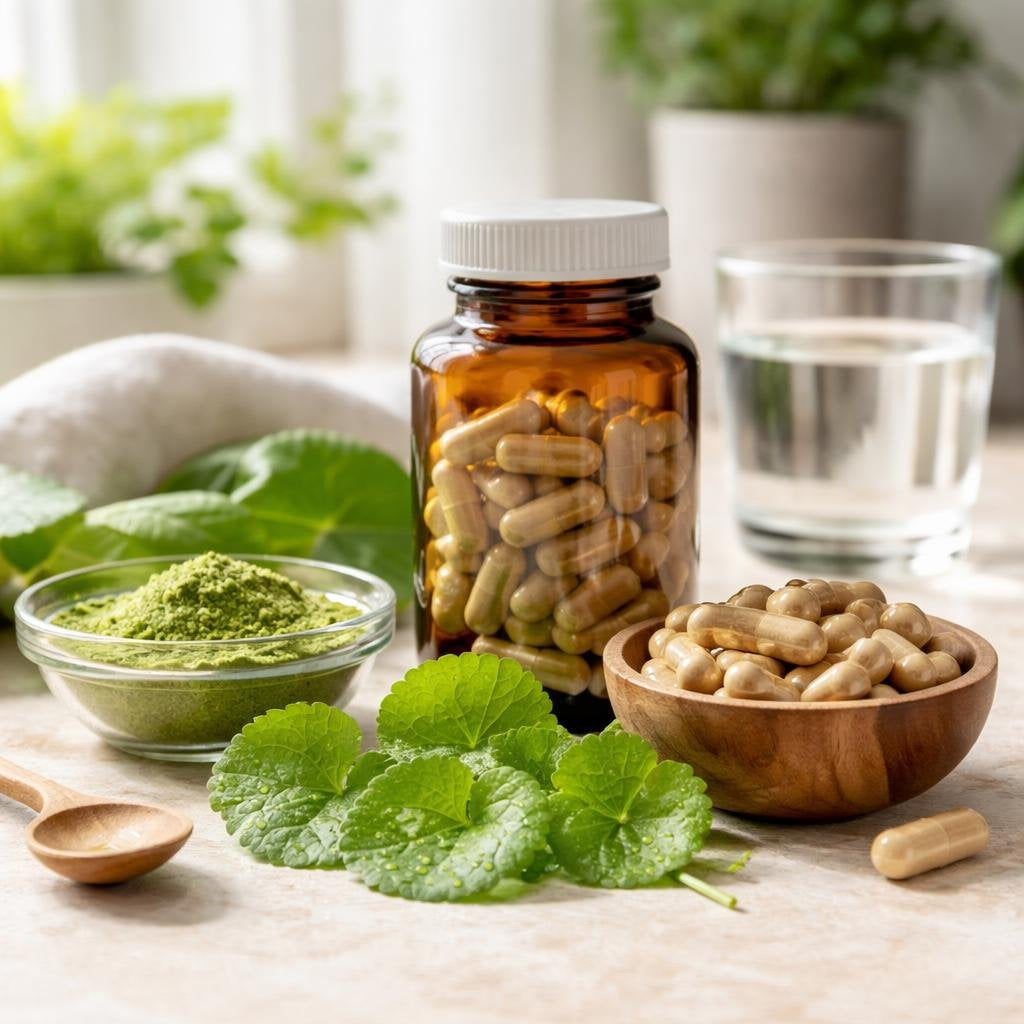Gotu Kola supplement capsules and powder selection