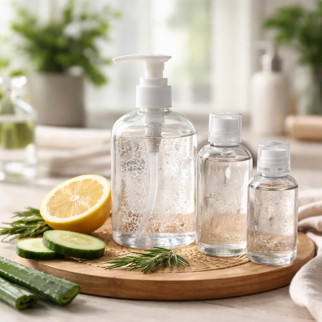 Hand sanitiser gel and spray bottles for everyday use