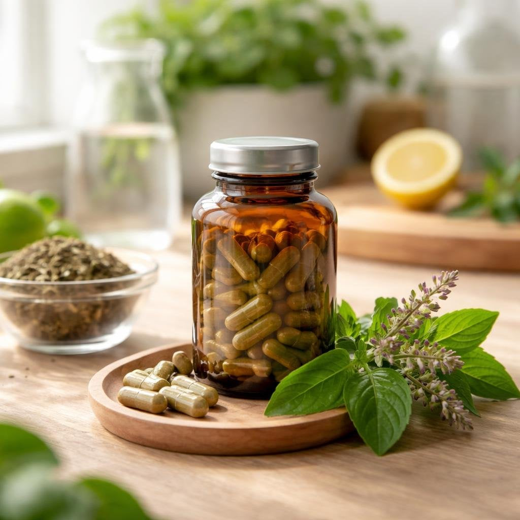 Holy basil Tulsi supplement collection in capsule format
