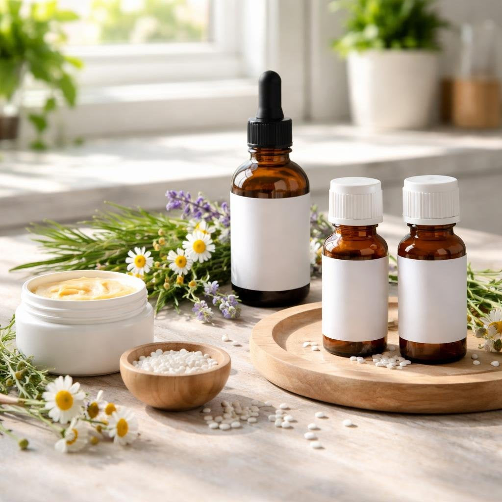 Homeopathic pain relief remedies, tablets, drops and rubs