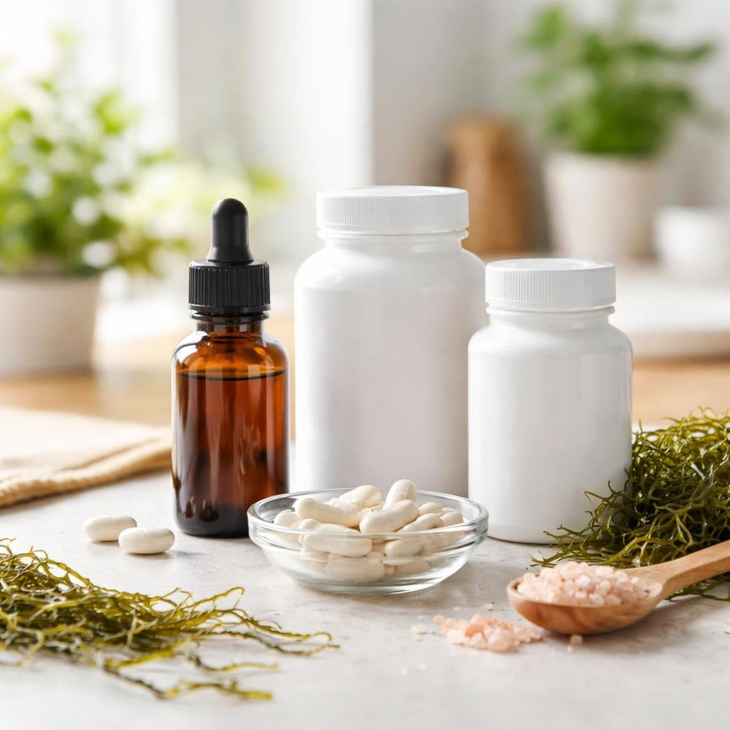 Iodine mineral supplement bottles for thyroid support