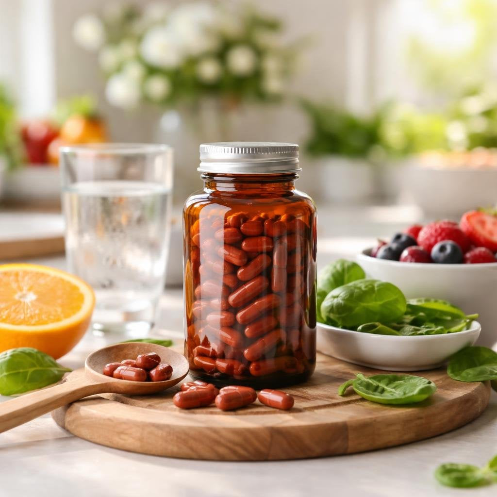Selection of iron mineral capsules and tablets