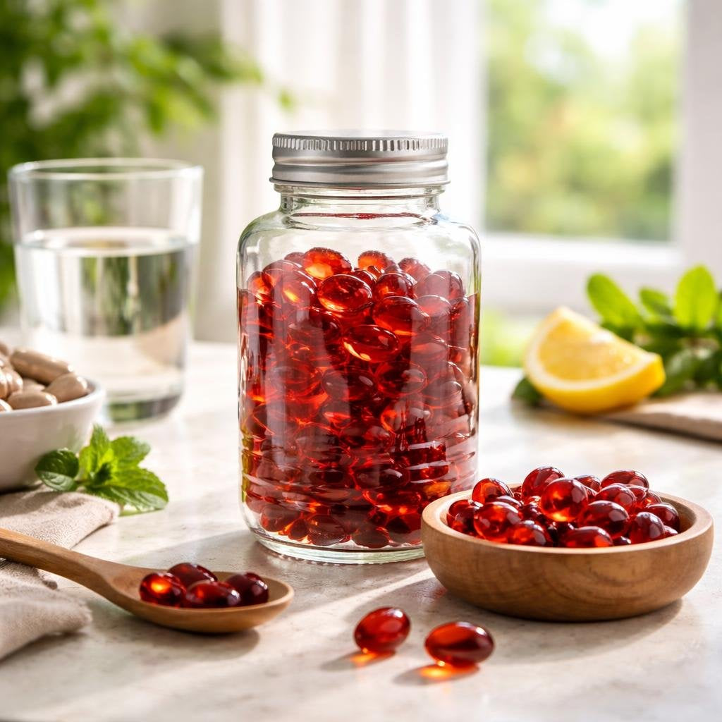 Krill oil omega-3 softgel capsules on white background