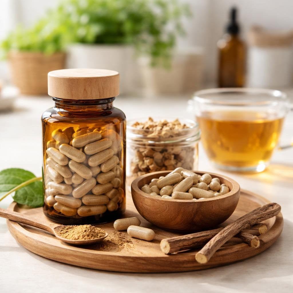 Licorice root supplement capsules with botanical root pieces