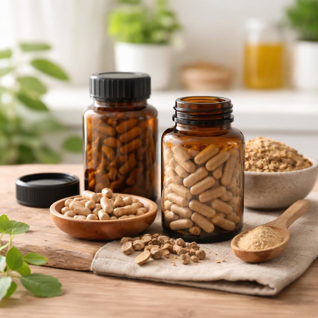 Muira Puama herbal supplement capsules in a jar