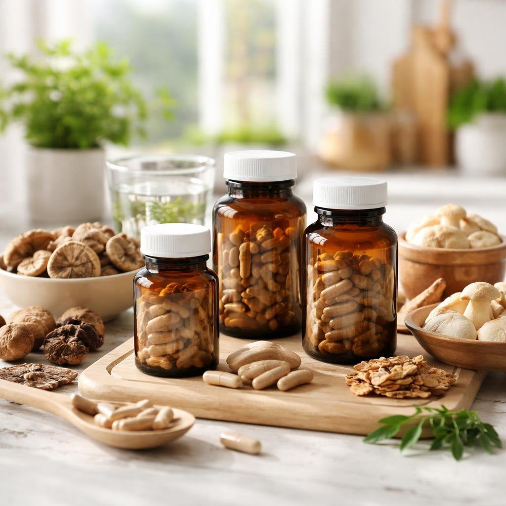 Mushroom herbal supplements capsules and powder selection
