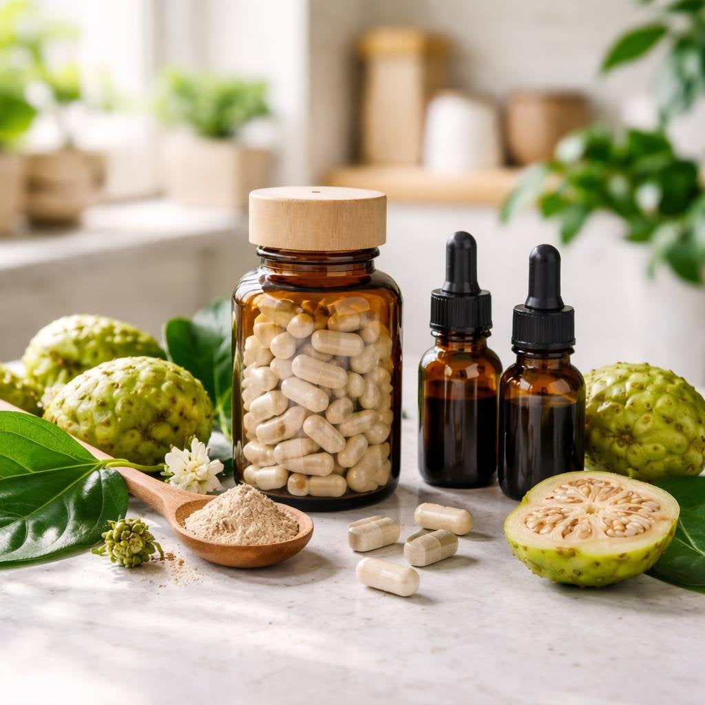 Noni herbal supplements in capsule, powder and liquid forms