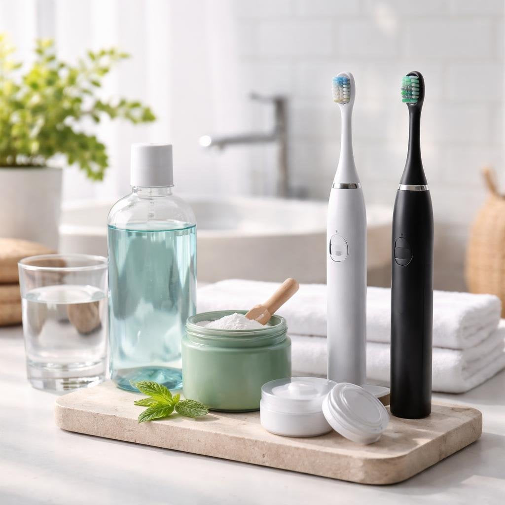 Oral care products with toothbrush, toothpaste and mouthwash