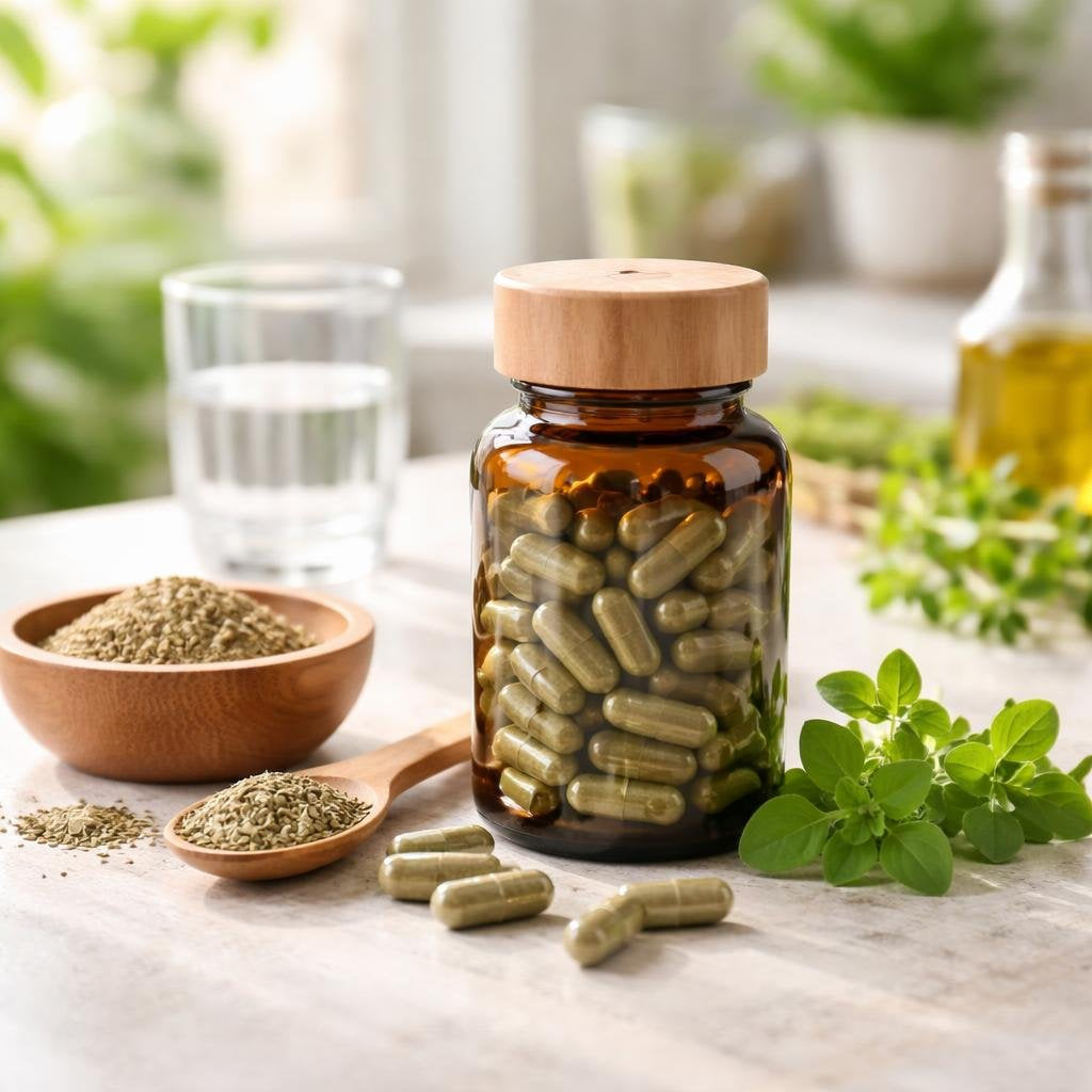 Oregano herbal capsules and oregano oil softgels