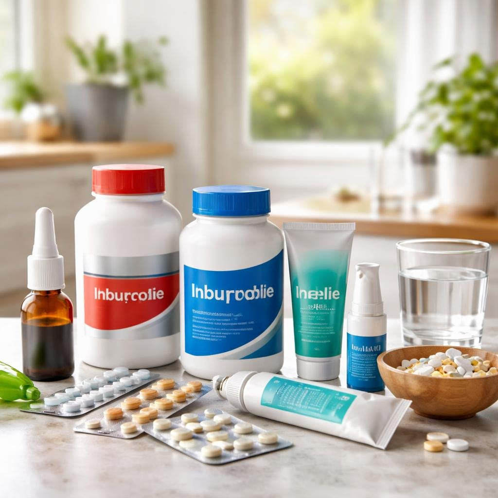 Assorted pain relief tablets, gels and topical rubs