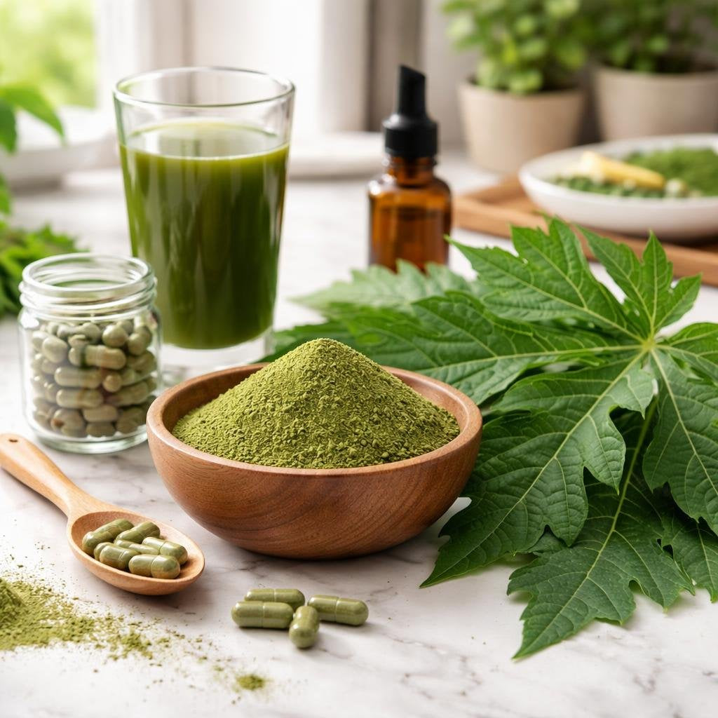Papaya leaf extract supplements in capsules and liquid drops