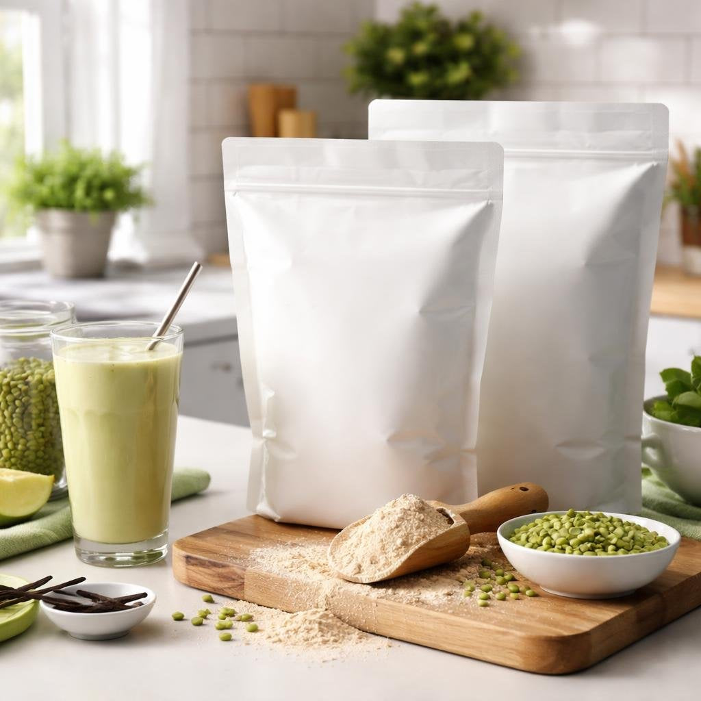 Pea protein powder tubs for gym shake mixing