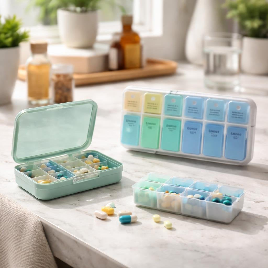 Personal weekly pill organiser with clearly labelled compartments