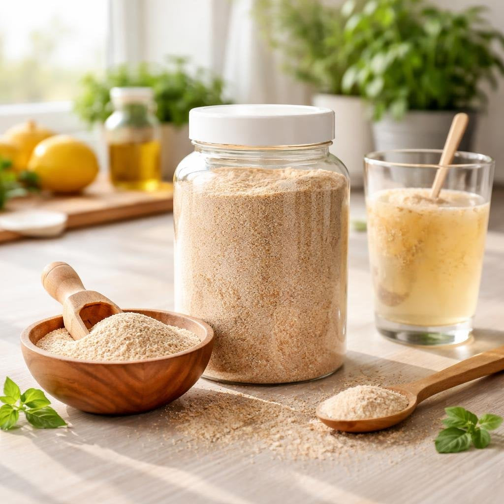 Psyllium husk fibre powder beside glass of water