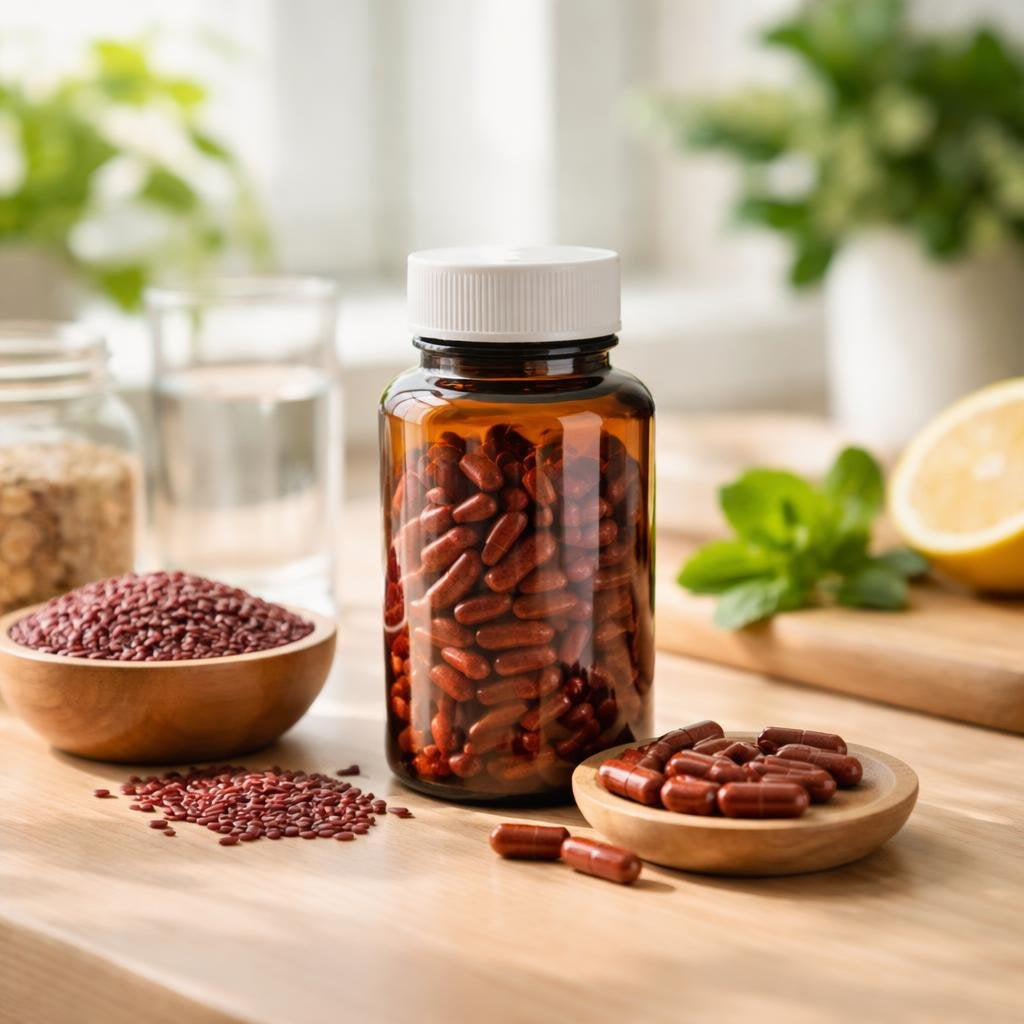Red yeast rice herbal supplement capsules and bottles