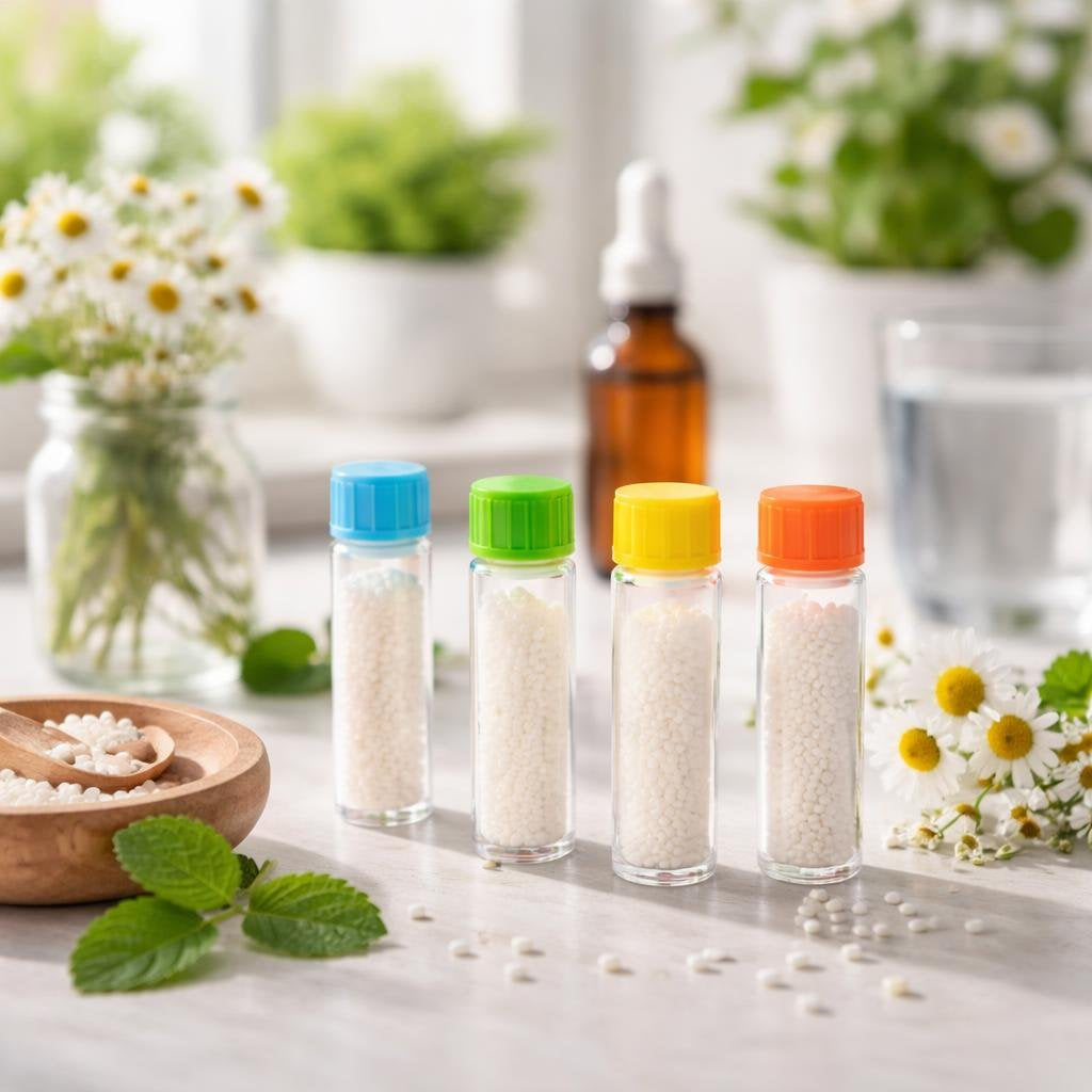 Selection of single homeopathic tablets and pillules
