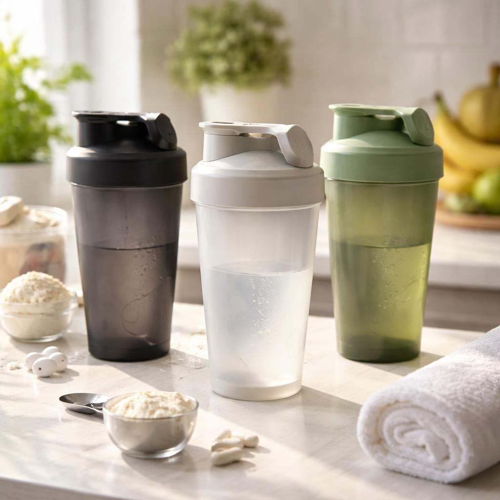 Sports nutrition shaker bottle with leak-resistant screw top