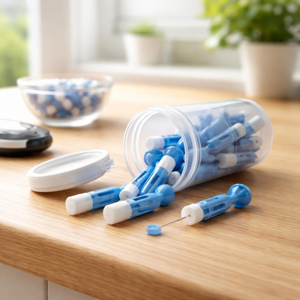 Sterile blood lancets for finger-prick glucose testing