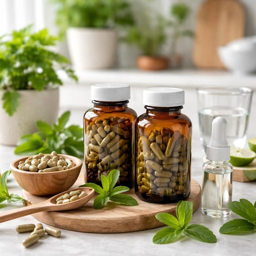 Stevia-based herbal supplements in capsules and blended powders