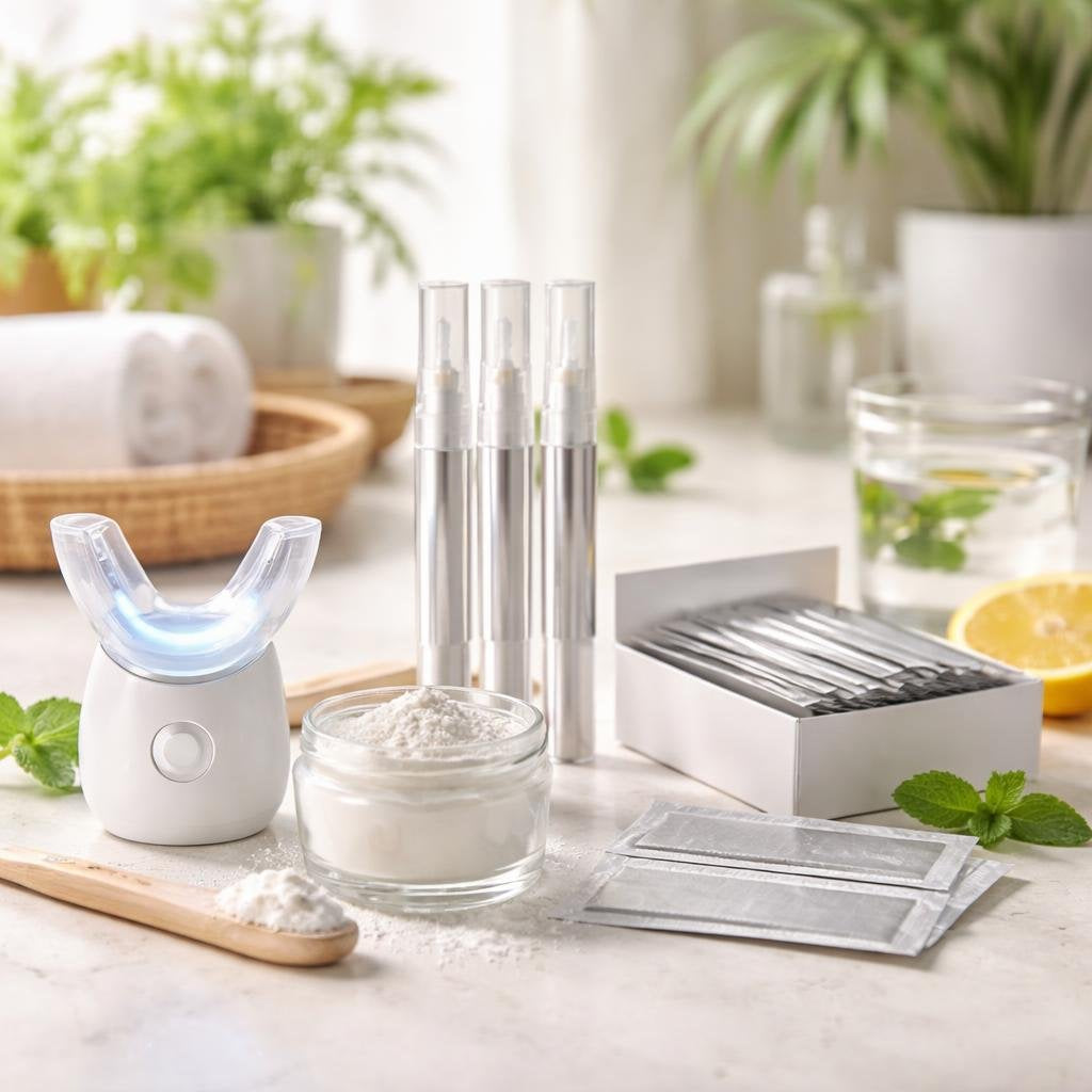 Teeth whitening kits with aftercare products displayed neatly