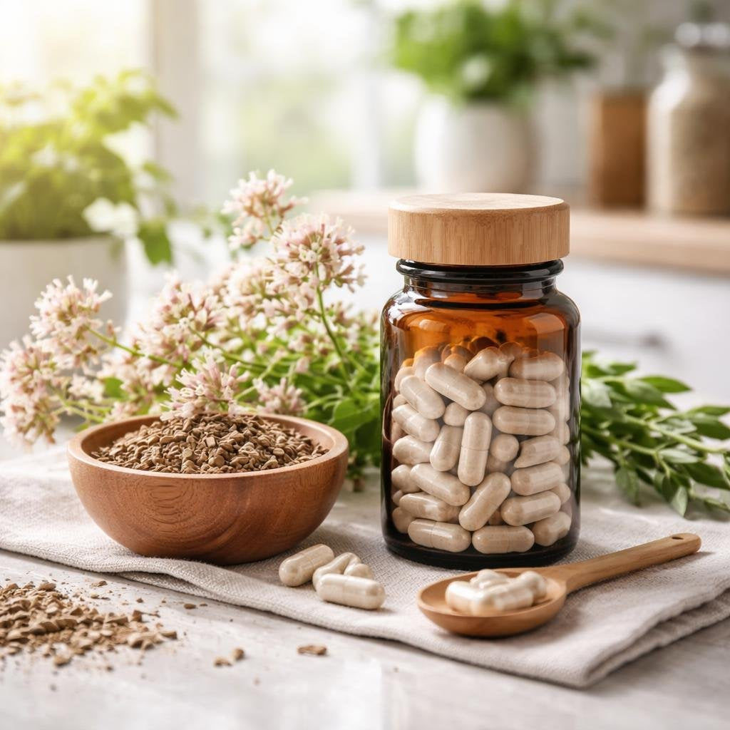 Valerian herbal supplement bottle with capsules for evening routine