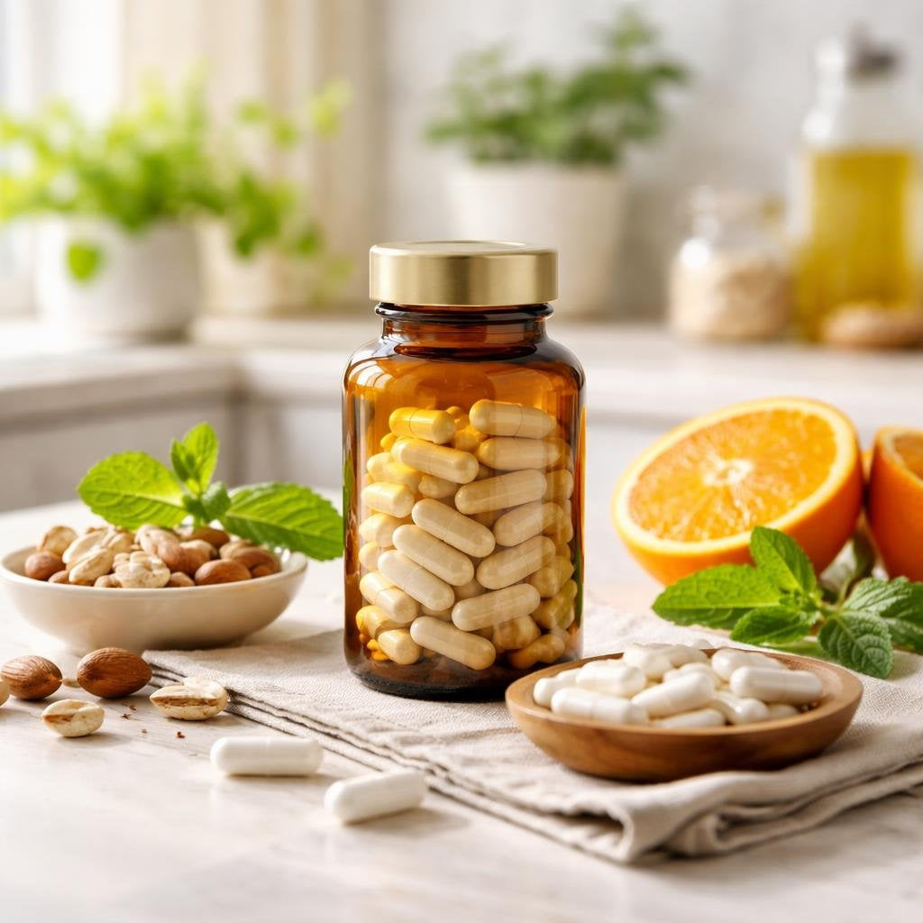 Vitamin B3 niacin capsules beside a labelled bottle
