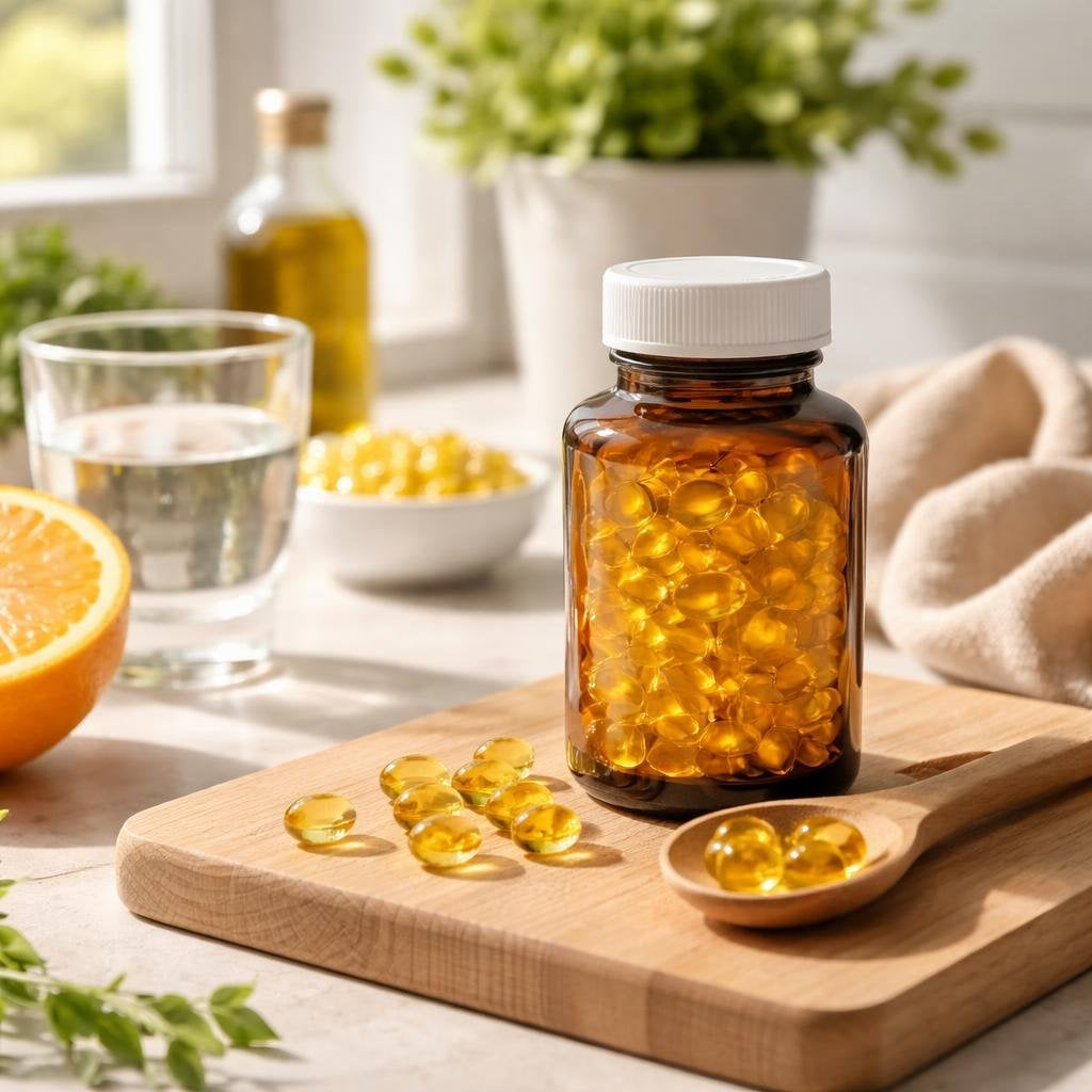 Vitamin D3 softgels and tablets arranged on white