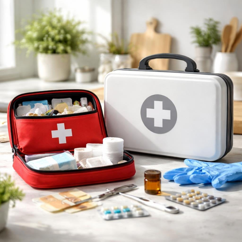 Workplace first aid kit with plasters and dressings