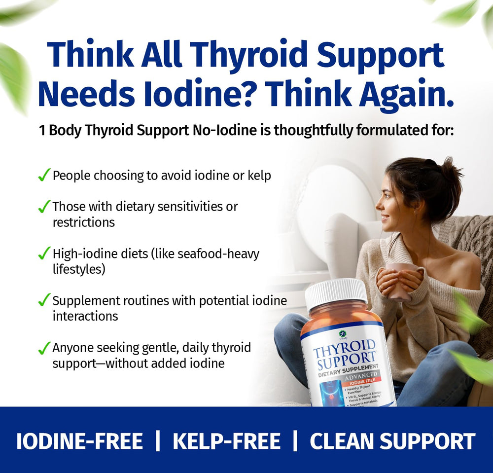 1 Body Thyroid Support label highlighting a clean, artificial-free formula
