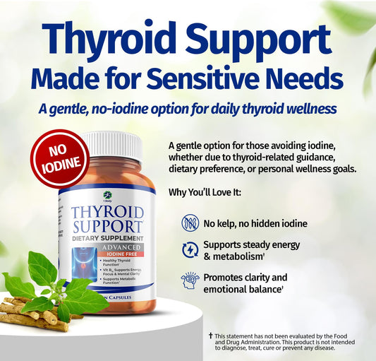1 Body Thyroid Support capsules close-up showing iodine-free formula
