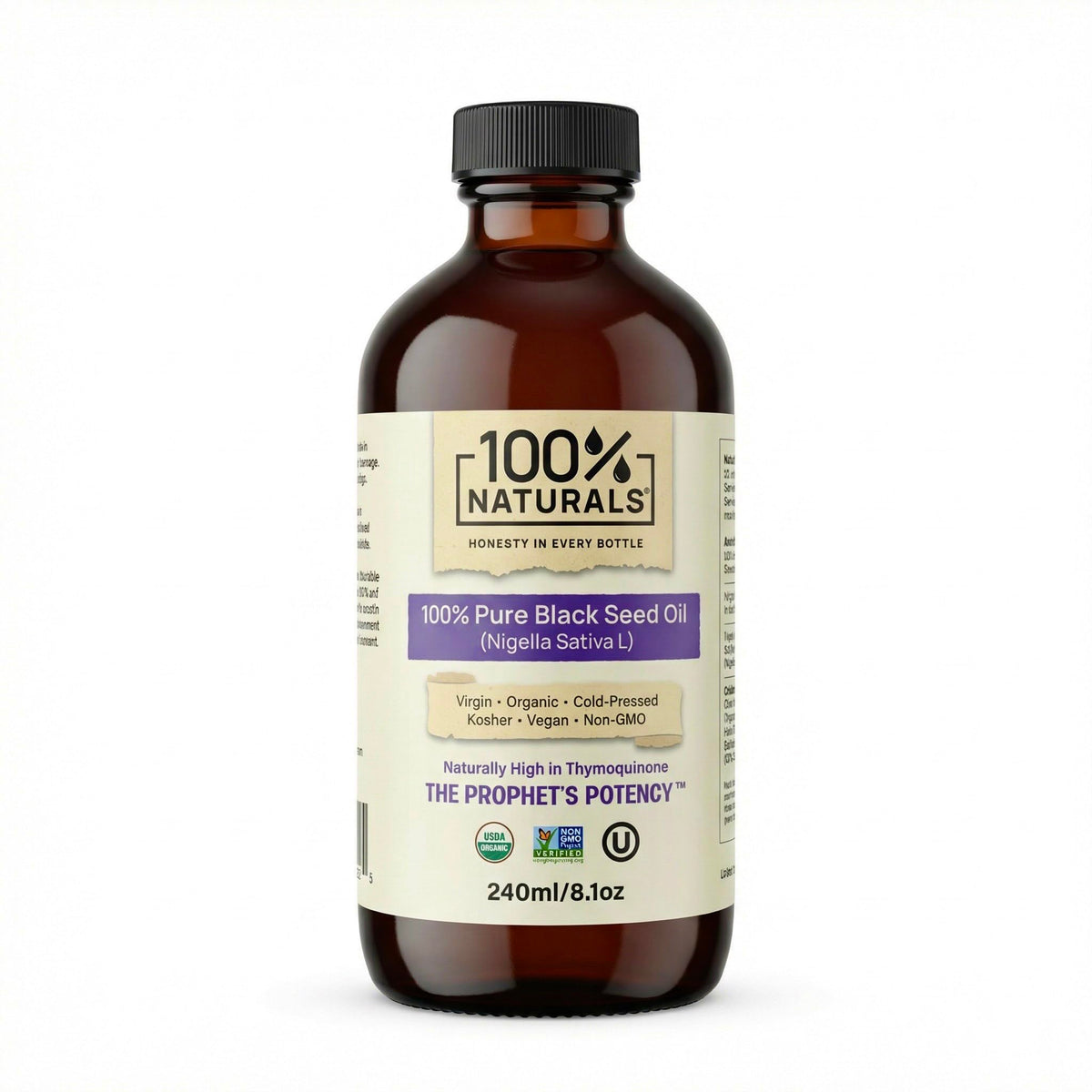 100% Naturals Black Seed Oil amber bottle shows purity and potency.