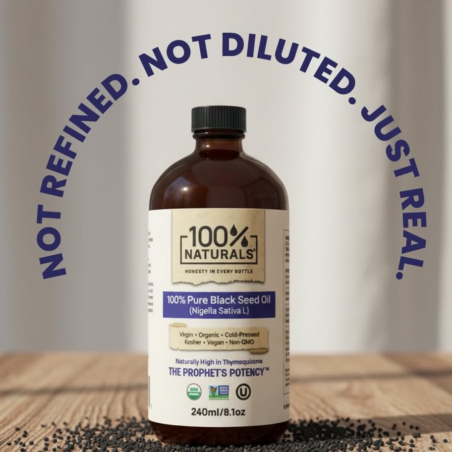 100% Naturals Black Seed Oil from Turkish origin delivering smooth, peppery flavor.