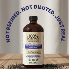 100% Naturals Black Seed Oil from Turkish origin delivering smooth, peppery flavor.