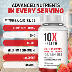 Strawberry watermelon flavored gummies by 10X Health for kid-friendly daily nutrients.