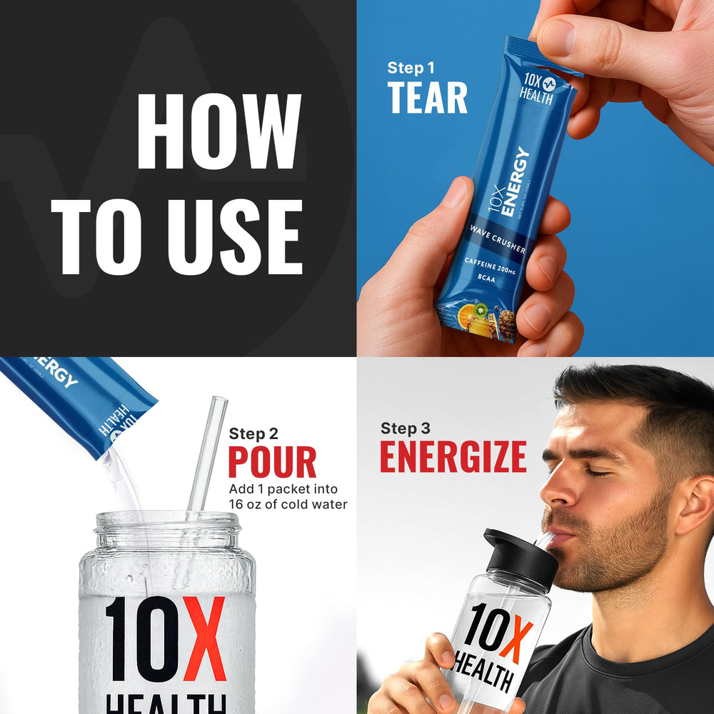 Glass of 10X Health Energy Wave Crusher tropical punch ready to drink
