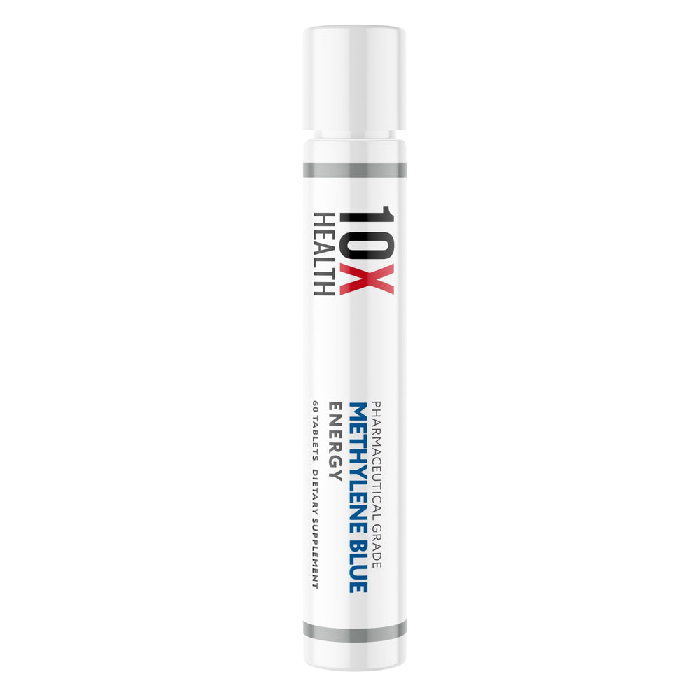 A daily-use scene with 10X Health Methylene Blue tablets ready for daily energy.